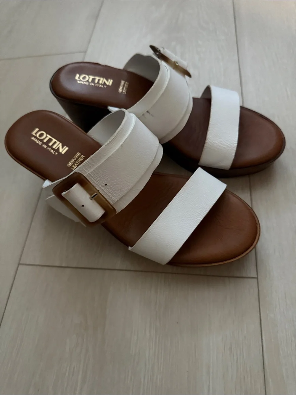 Lottini White Leather Wedge Slide Sandals with Buckle